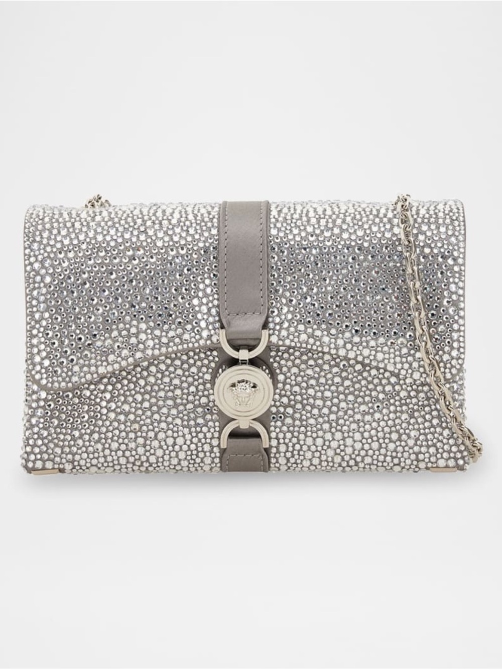 Versace Silver Kleio Mini Crystal-Embellished Chain Clutch